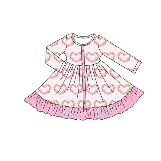 Preorder (moq 5)Baby Girls Pink Flower Hearts Button Valentine Ruffle Knee Length Dresses 9.6