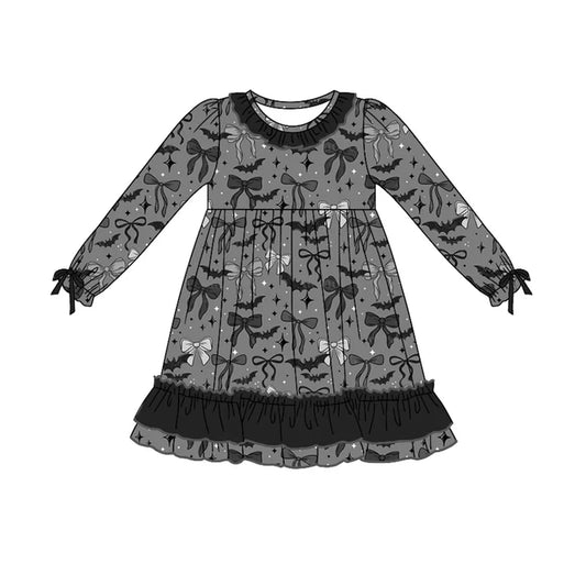 Preorder moq 5 Baby Girls Black Long Ruffle Sleeves Bows Bats Ruffle Knee Length Dresses 5.7
