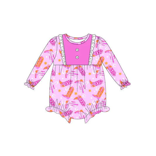 Preorder (moq 5)Baby Girls Long Sleeves Pink Boots Stars Button Ruffle Romper 7.5