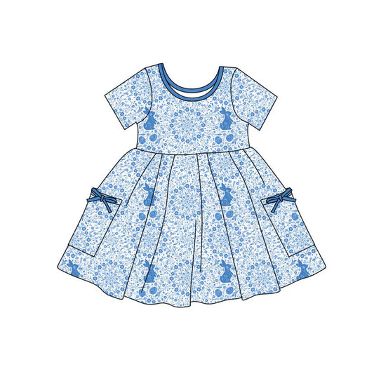 Preorder(moq 5) Baby Girls Blue Floral Rabbits Eggs Easter Pockets Knee Length Dresses 11.12