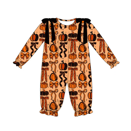 Preorder (moq 5)Baby Girls Long Sleeves Pumpkins Bows Plaid Ruffle Pant Romper 7.5