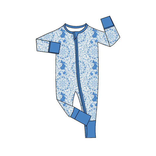 Preorder (moq 5)Baby Girls Long Sleeve Blue Floral Rabbits Eggs Easter Zipper Footie Rompers 11.4
