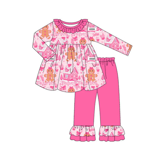 Preorder (moq 5)Baby Girls Long Sleeves Hot Pink Gingerbread Candy Cane Tunic Ruffle Pant Sets 6.12