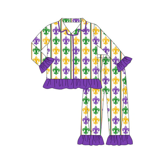 Preorder(moq 8)Baby Girls Mardigras Anchors Stripe Button Top Ruffle Pants Pajamas Sets 9.26