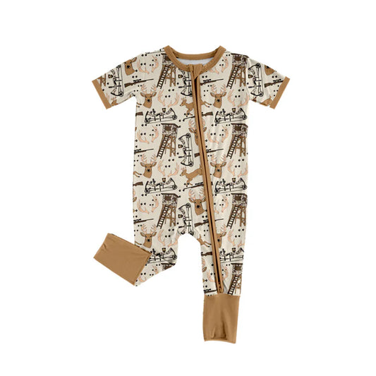 Preorder (moq 5)Baby Boys Khaki Short Sleeves Deer Hunting Zipper Rompers 5.17