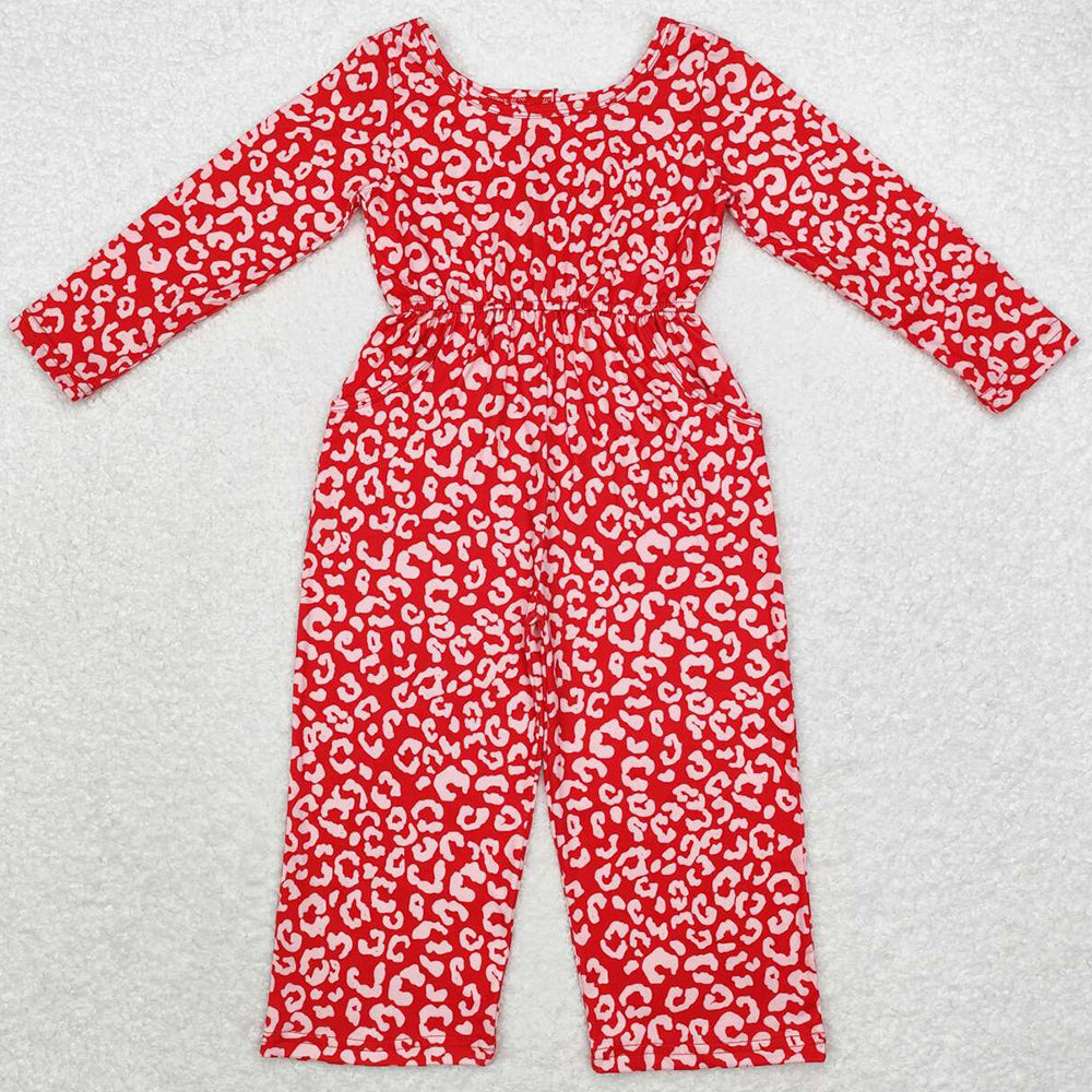 Baby Girls Jumpsuits Red Leopard Long Sleeve Pockets Jumpsuits LR1139