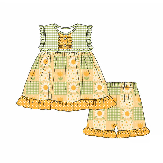 Preorder (moq 5)Baby Girls Ruffle Sleeveless Button Daisy Flowers Plaid Tunic Short Set 4.26