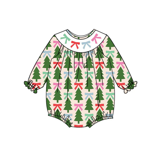 Preorder (moq 5)Baby Girls Long Sleeves Red Green Bows Trees Ruffle Romper 7.5