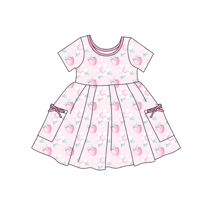 Preorder(moq 5) Baby Girls Pink Flowers Strawberry Pockets Knee Length Dresses 11.12