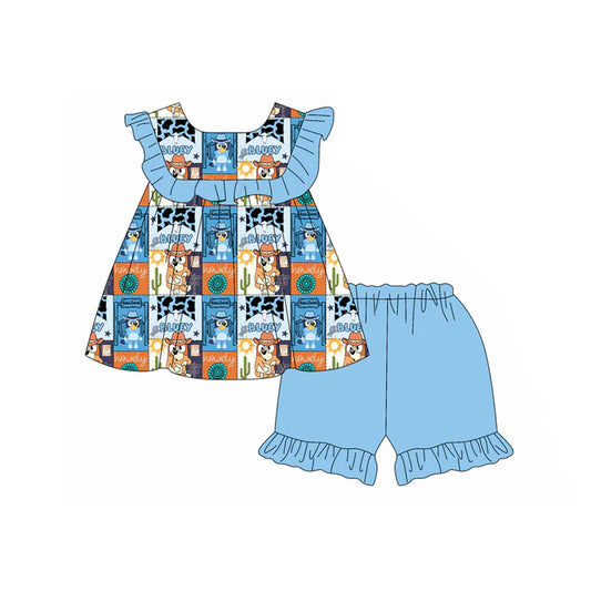 Preorder moq 5 Baby Girls Sleeveless Cartoon Dogs Cactus Tunic Blue Ruffle Short Set 4.19