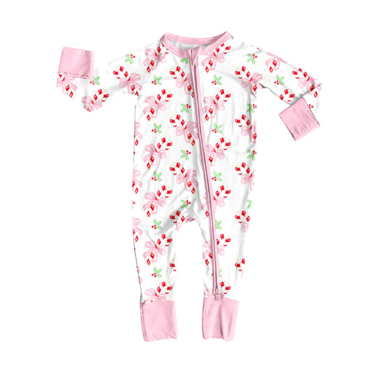 preorder(moq 5)Baby Infant Boys Long Sleeves Bows Candy Cane Christmas Zipper Rompers 7.31