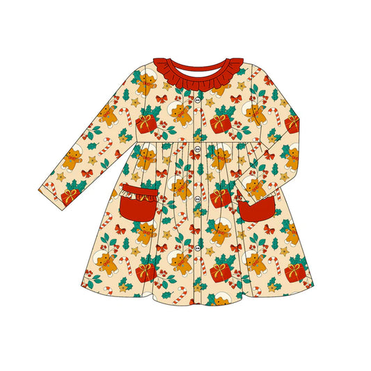 Preorder (moq 5)Baby Girls Long Sleeves Gingerbread Candy Cane Button Pockets Knee Length Dresses 6.12