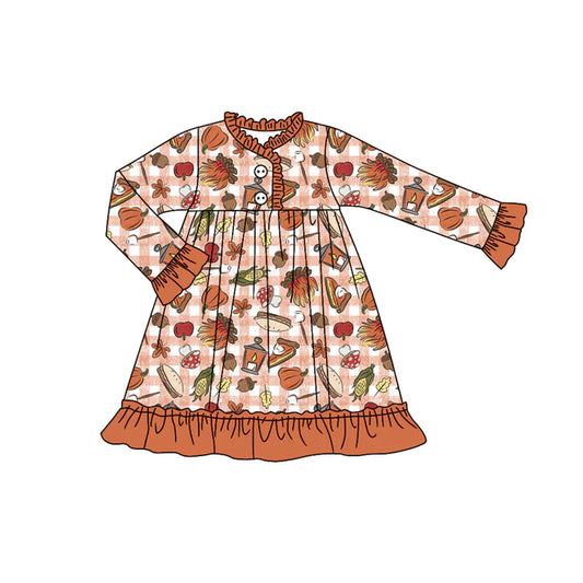 Preorder (moq 5)Baby Girls Long Ruffle Sleeves Pumpkins Leaves Plaid Button Knee Length Dresses 7.1