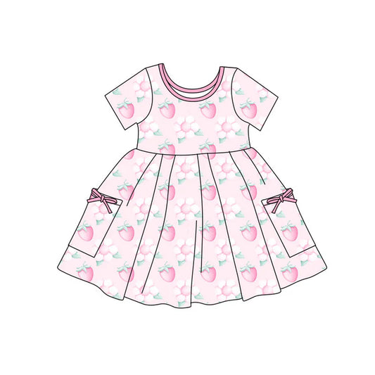 Preorder(moq 5) Baby Girls Pink Flowers Strawberry Pockets Knee Length Dresses 11.4