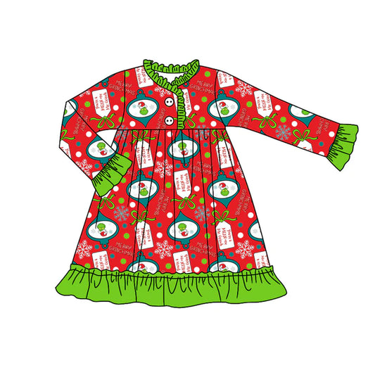Preorder (moq 5)Baby Girls Long Ruffle Sleeves Cartoon Faces Plaid Button Knee Length Dress 7.26