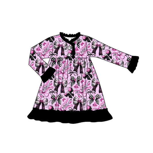 Preorder (moq 5)Baby Girls Skull Bows Plaid Button Halloween Knee Length Dress 8.1