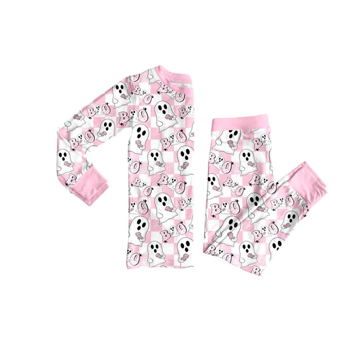 Preorder (moq 5)Baby Girls Pink Plaid Long Sleeves Ghost BOO Top Pant Pajamas Set 6.2