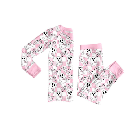 Preorder (moq 5)Baby Girls Pink Plaid Long Sleeves Ghost BOO Top Pant Pajamas Set 6.2