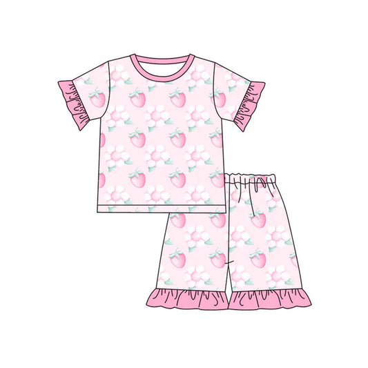Preorder(moq 5) Baby Girls Pink Flowers Strawberry Top Ruffle Shorts Pajamas Set 11.12