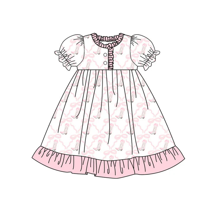 Preorder(moq 5) Baby Girls Pink Bows Boots Checked Button Ruffle Knee Length Dresses 10.18