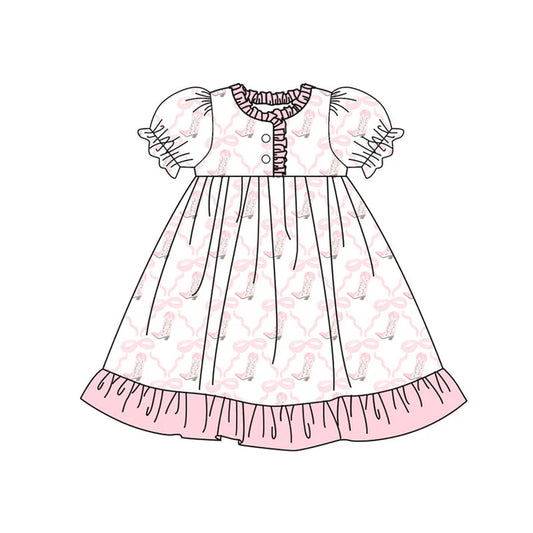 Preorder(moq 5) Baby Girls Pink Bows Boots Checked Button Ruffle Knee Length Dresses 10.18