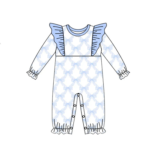 Preorder (moq 5)Baby Girls Long Ruffle Sleeves Blue Bows Plaid Rompers 5.17