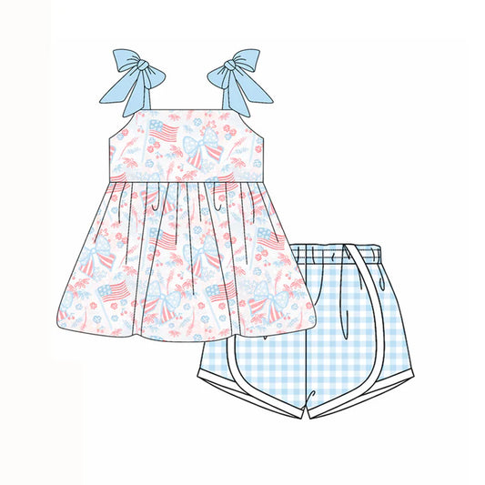 Preorder moq 5 Baby Girls Blue Strap Bows Flags Tunic Plaid Short 4th Of July Set 4.15