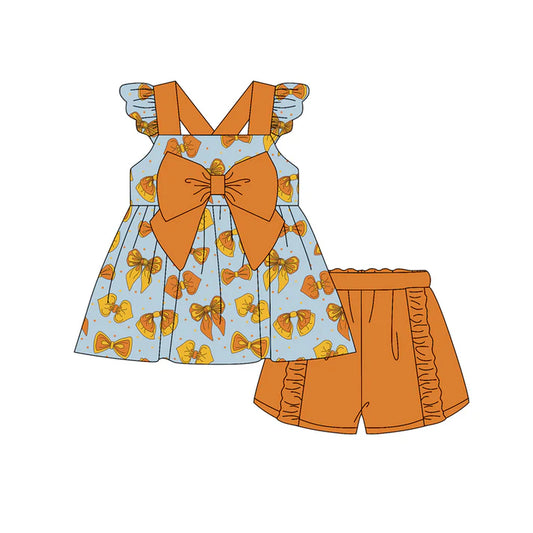 Preorder moq 5 Baby Girls Flutter Sleeves Orange Bows Tunic Ruffle Short Set 4.19