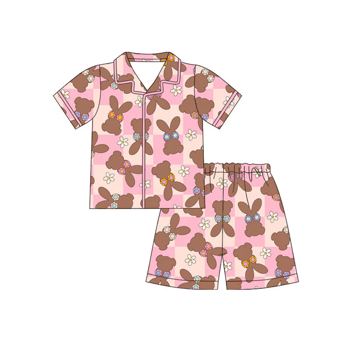 Preorder (moq 5)Baby Girls Pink Checked Flowers Rabbits Button Top Shorts Easter Pajamas Sets 12.13