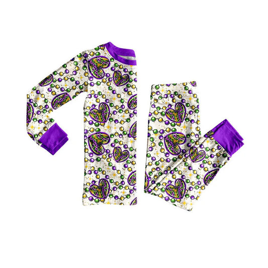 Preorder (moq 8)Baby Girls Leopard Hearts Checked Top Pants Mardigras Pajamas Sets 9.10