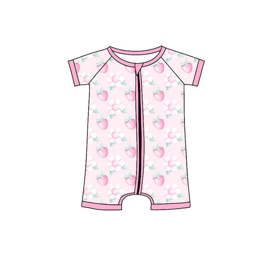 Preorder (moq 5)Baby Girls Short Sleeve Pink Flowers Strawberry Zipper Rompers 11.4