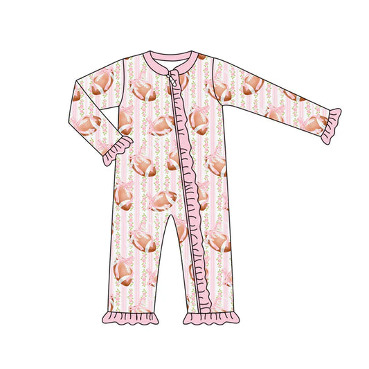 Preorder (moq 5)Baby Girls Long Sleeves Pink Bows Footballs Stripe Ruffle Zipper Romper 7.5