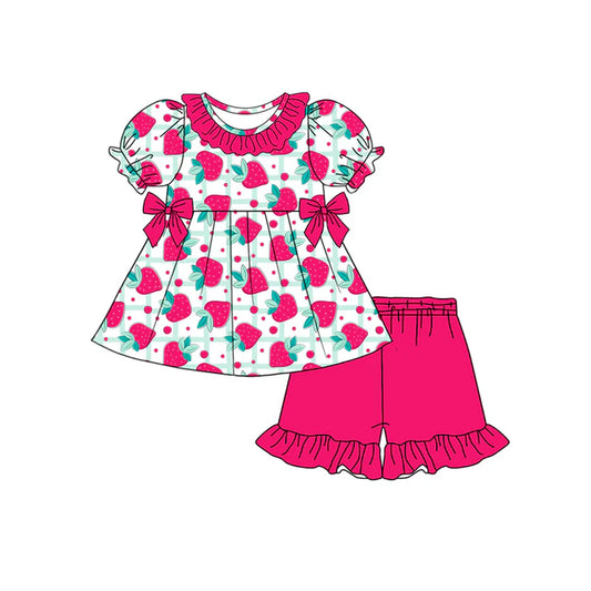 Preorder moq 5 Baby Girls Short Ruffle Sleeves Strawberry Tunic Hot Pink Ruffle Short Set 4.19