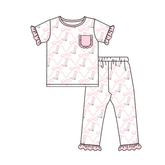 Preorder(moq 5) Baby Girls Pink Bows Boots Checked Pockets Top Ruffle Pant Pajamas Sets 10.18