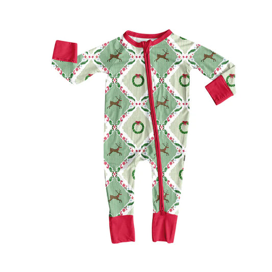 Preorder (moq 5)Baby Girls Long Sleeves Green Deer Holly Plaid Zipper Pant Rompers 6.13