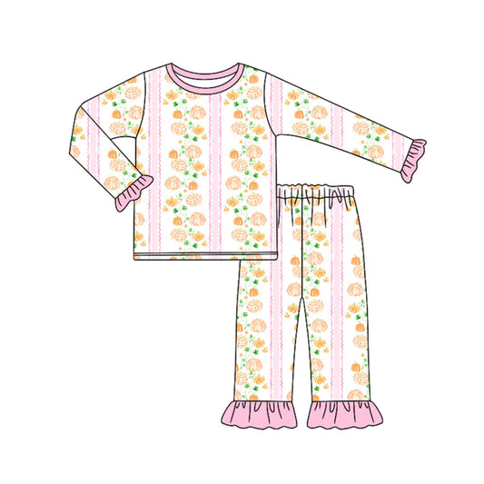 Preorder (moq 5)Baby Girls Long Ruffle Sleeves Pink Pumpkins Stripe Top Pant Pajamas Set 6.18