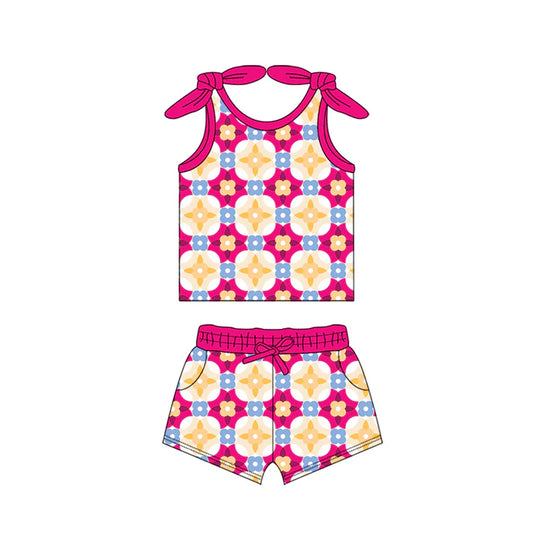 Preorder moq 5 Baby Girls Bows Sleeveless Flowers Plaid Top Pockets Short Set 4.15