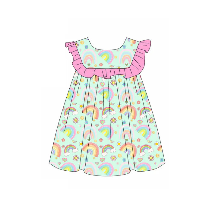 Preorder (moq 5)Baby Girls Rainbow Flower Hearts Valentines Knee Length Dresses 11.26