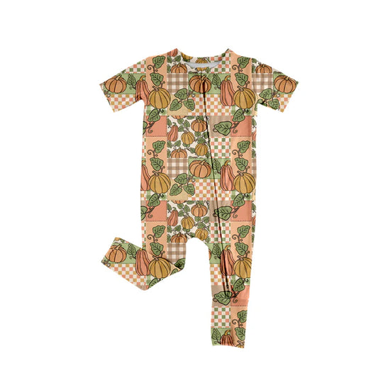 Preorder (moq 5)Baby Girls Short Sleeves Pumpkins Plaid Zipper Pant Rompers 6.13