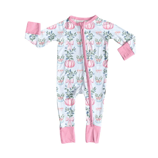 Preorder (moq 5)Baby Girls Long Sleeves Pink Bows Pumpkins Plaid Zipper Romper 7.5