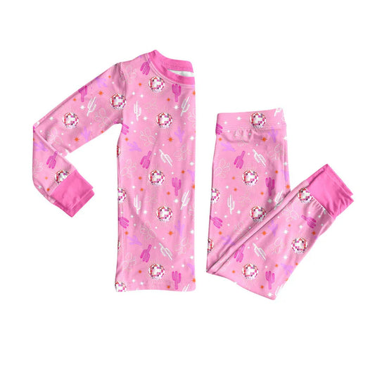 Preorder (moq 8)Baby Girls Pink Cactus Stars Top Pants Western Pajamas Sets 9.11