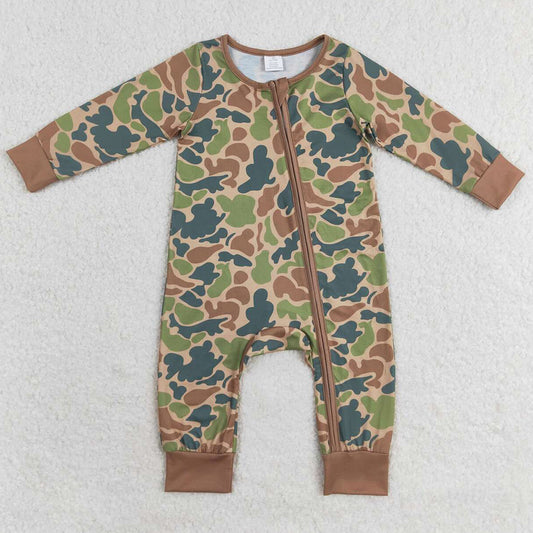 Baby Infant Boys Rompers Fall Green Camo Zip Bamboo Rompers LR1203