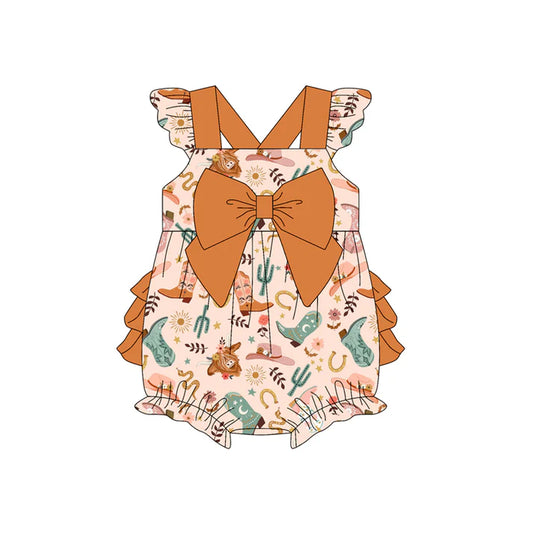 Preorder (moq 5)Baby Girls Flutter Sleeves Floral Highland Cows Ruffle Bubble Rompers 4.26