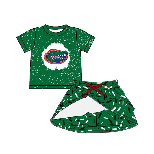 Preorder (moq 5)Baby Girls Green Short Sleeves Crocodile Top Drip Skirts Team Set 6.14