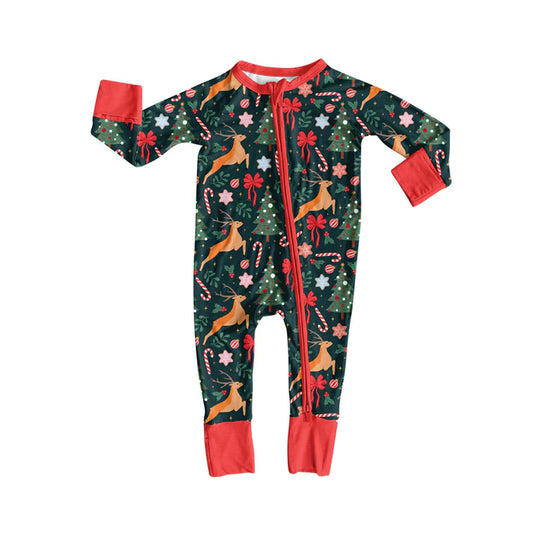 Preorder (moq 5)Baby Girls Long Sleeves Deer Candy Cane Trees Zipper Romper 7.5