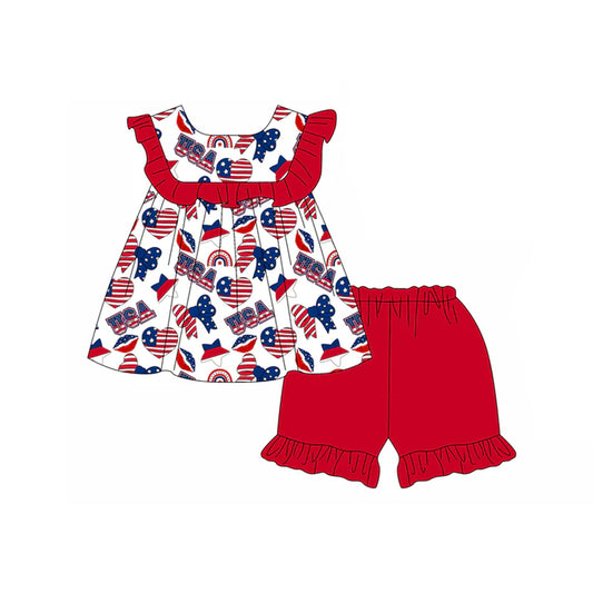 Preorder moq 5 Baby Girls Sleeveless Blue Red Stars Hearts Tunic Ruffle Short 4th Of July Set 4.23
