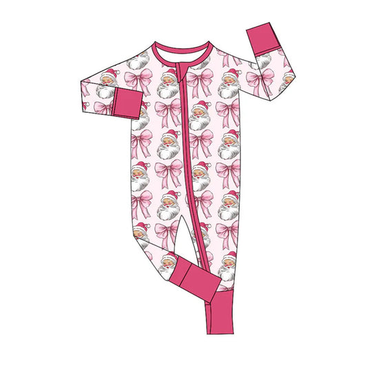Preorder (moq 8)Baby Girls Pink Santa Bows Christmas Zipper Footie Rompers 9.18