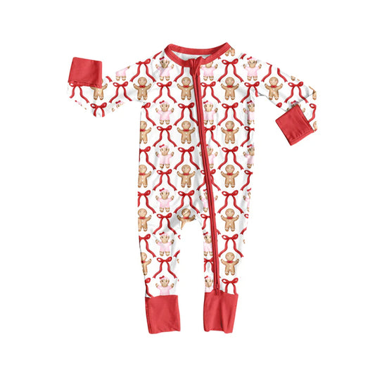 Preorder(moq 5)Baby Infant Christmas Gingerbread Bows Zipper Footie Rompers 8.11