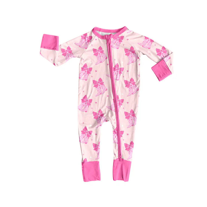 Preorder (moq 5)Baby Girls Pink Bows Boots Valentine Zipper Footie Rompers 9.3