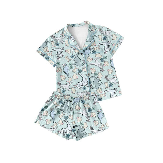 Preorder (moq 5)Baby Girls Rabbit Flower Dinosaurs Button Pocket Top Shorts Easter Pajamas Sets 12.5